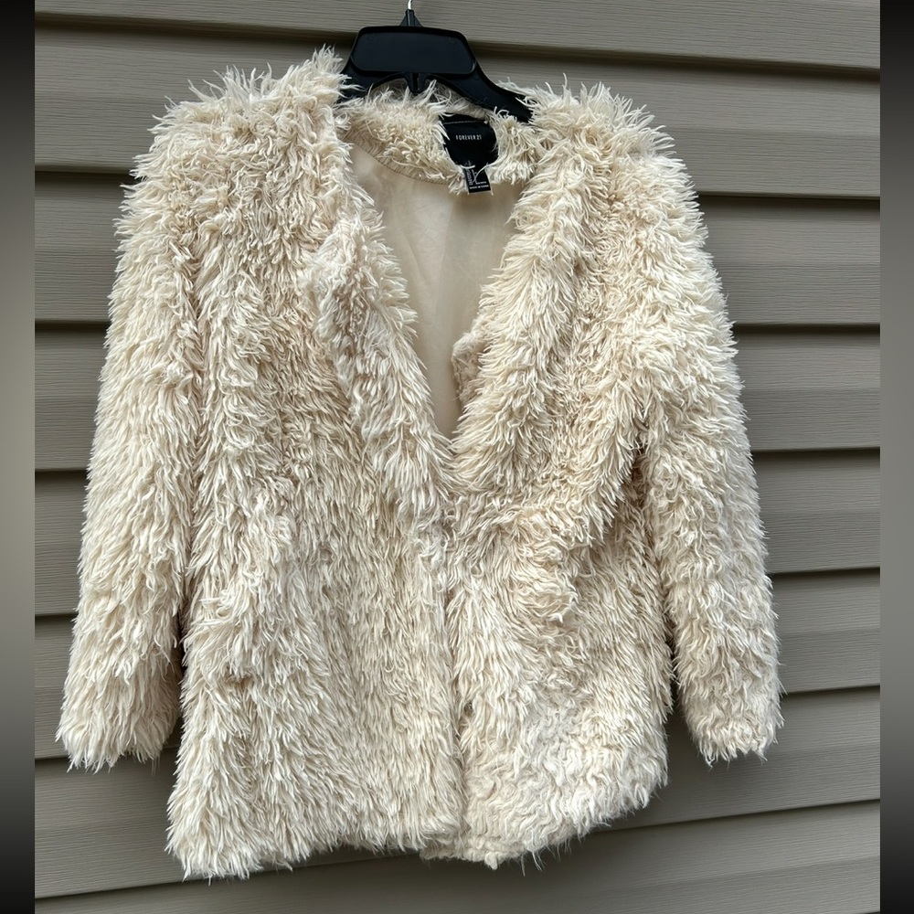 Forever 21 size S oversized ivory faux fur Mobwife shag coat teddy Penny Lane - Picture 2 of 8